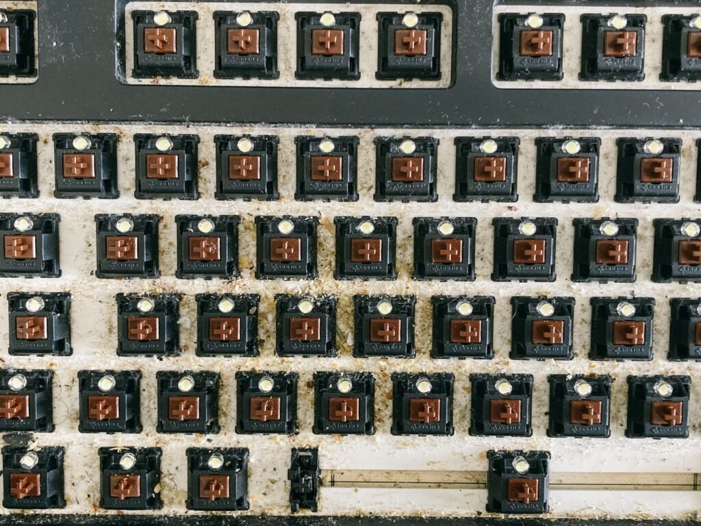 Dust and debris built up on a keyboard plate between the switches