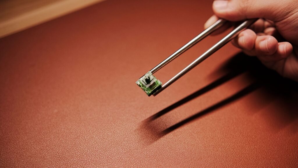 A hand holding a single mechanical keyboard switch with a green base between metal chopsticks above a brown leather desk mat