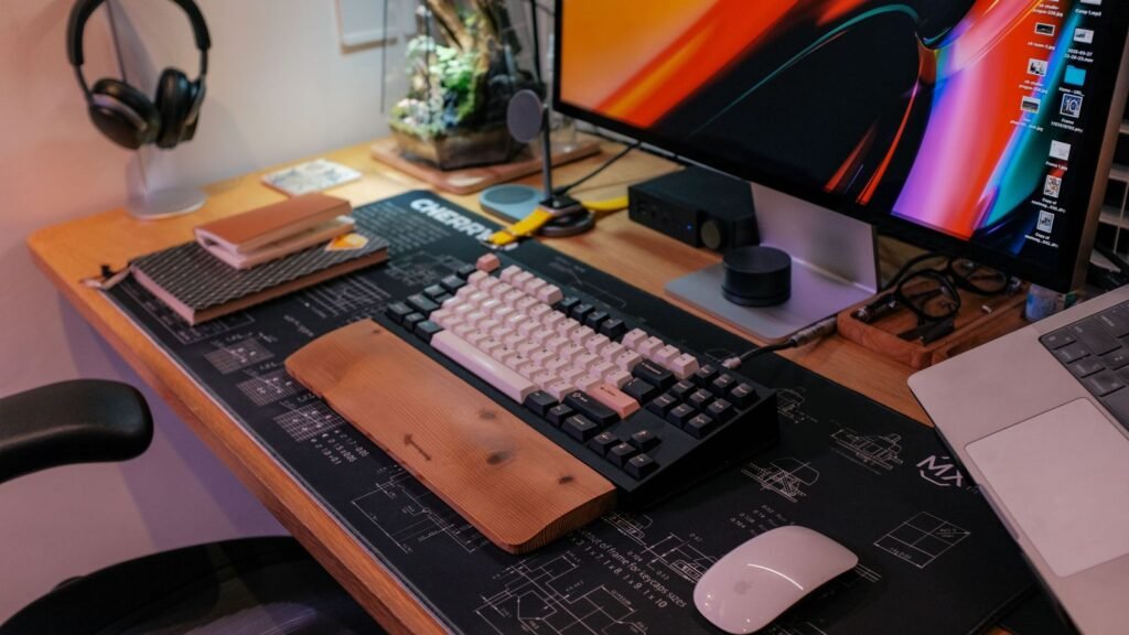 Wooden desk with a tenkeyless mechanical keyboard on a wooden wrist rest, a monitor, a laptop and headphones on a stand