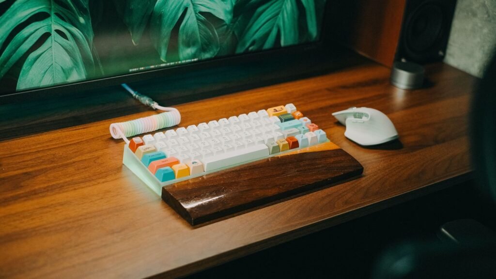 Compact mechanical keyboard with white and pastel keycaps in a frosted case, with a pastel coiled cable, a wooden wrist rest and a white mouse on a wooden desk